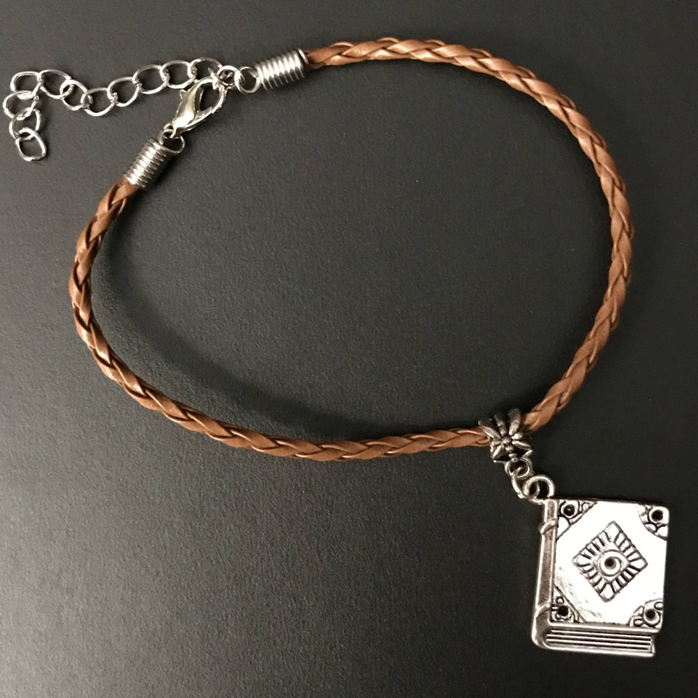 Brown Braided Leather Book Charm Bracelet